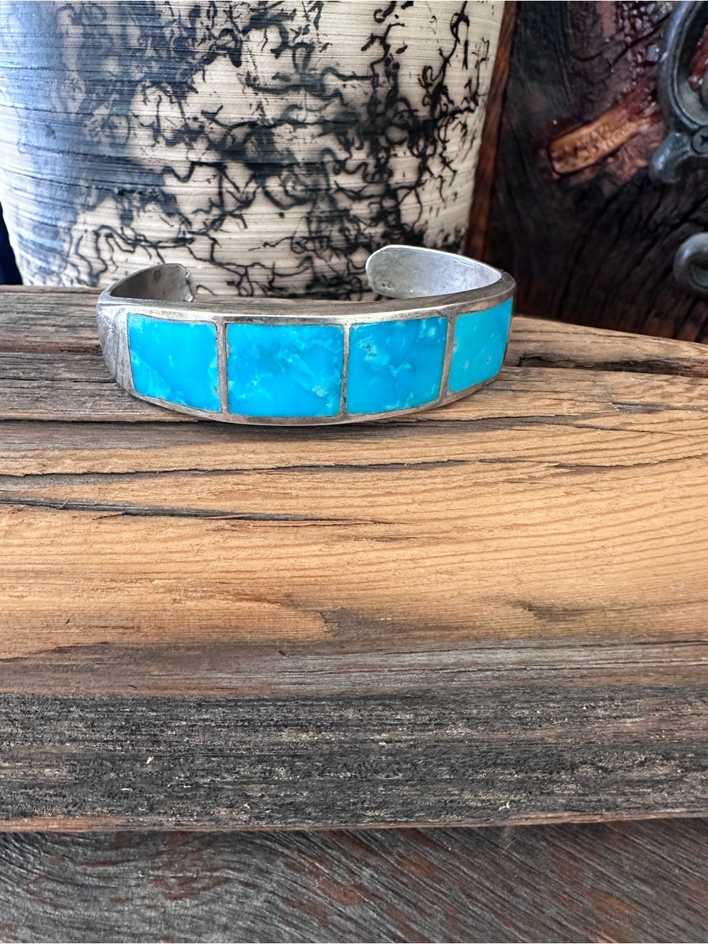 Turquoise Inlay Silver Cuff Bracelet - Blue Turquoise